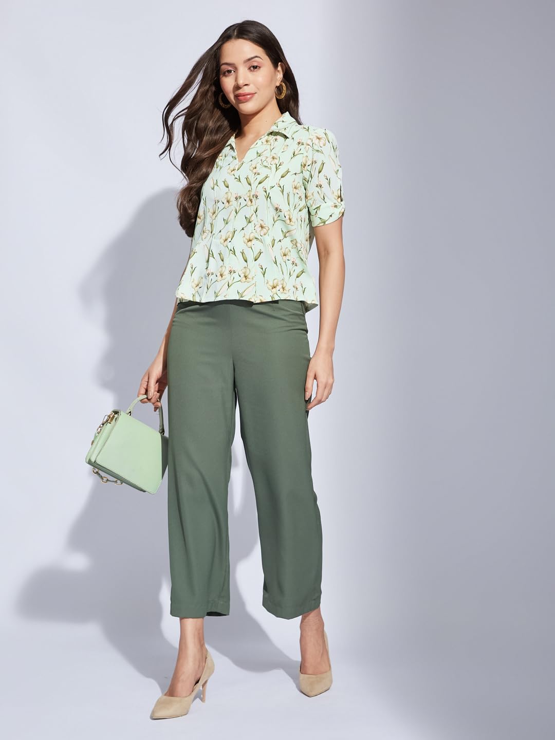 Latin Quarters Women Green Collared Half Sleeves Printed Shirt Blouse for Casual Wear_M
