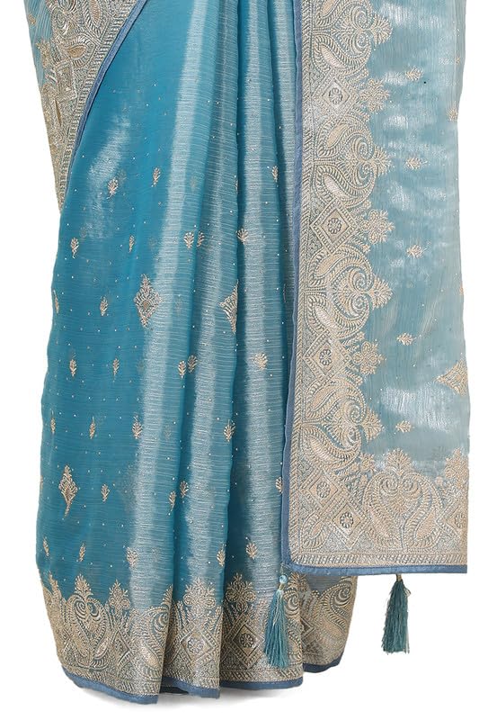 Soch Womens Powder Blue Organza Embroidered Saree With Stone Work