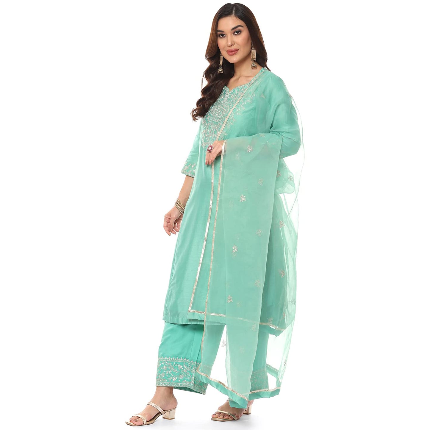 BIBA Women's Ethnic Sea Green Cotton Kurta Suit Set (Size_2XL)