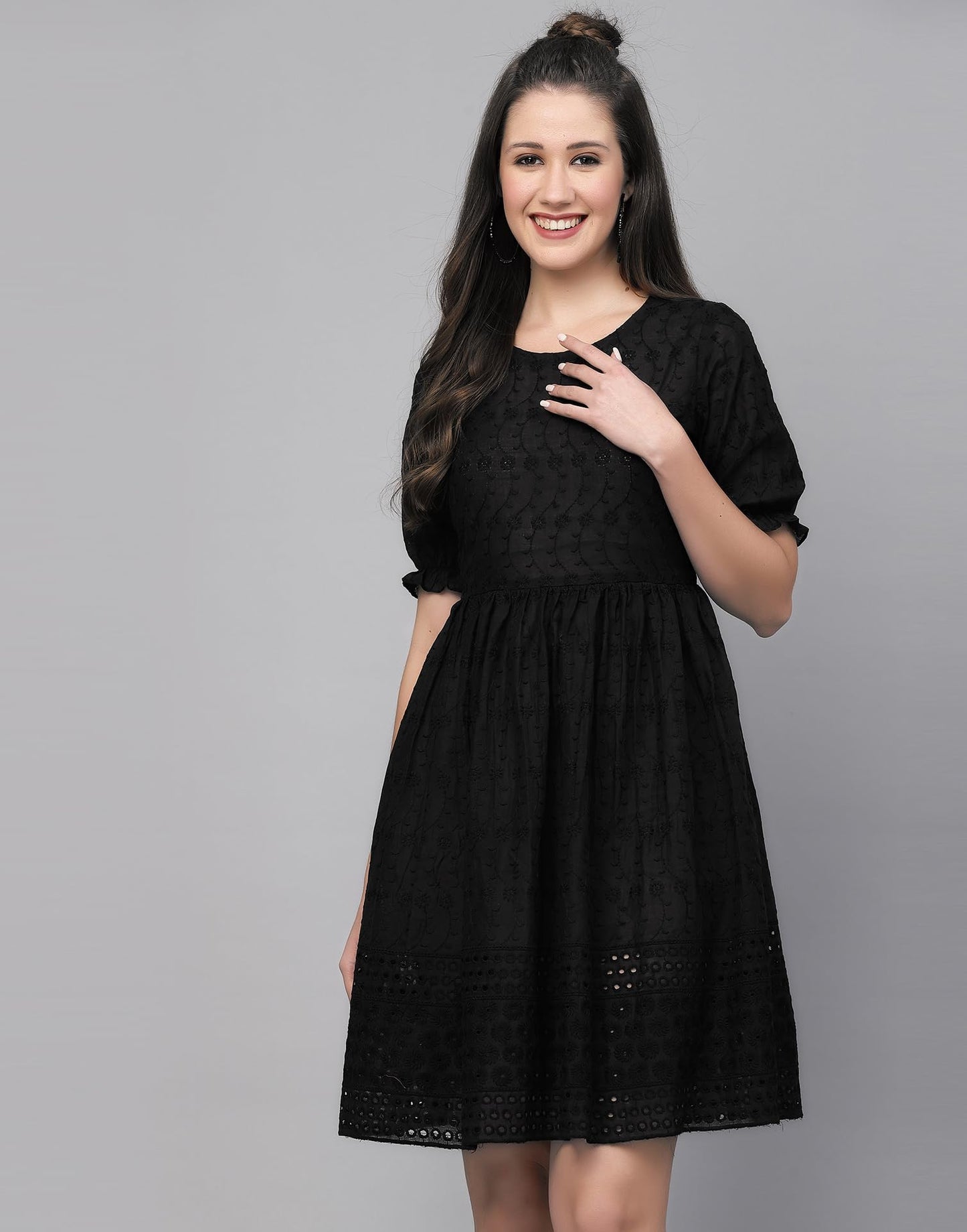 SIRIL Western Dress | Cotton Embroidery Dress for Women | One Piece Dress for Women (443TK7431-M_Black)