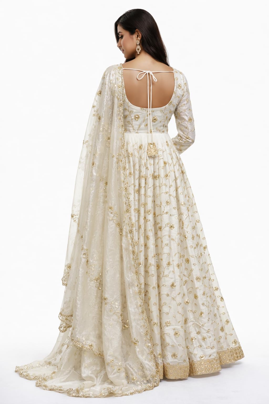 Glinty Chic Women's White and Gold Embroidered Anarkali Gown with Dupatta, Floral Sequin Work, Sweetheart Neck, Ethnic Wear (in, Alpha, S, Regular)