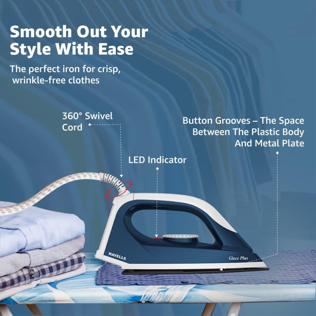 Havells Glace Plus 1000 Watts Dry Iron Press| Greblon Non Stick Sole Plate with German Technology | ISI Certified |Cord Winder | Aerodynamic Design |2 Year Manufacturer Warranty|Stainless Steel(Blue)