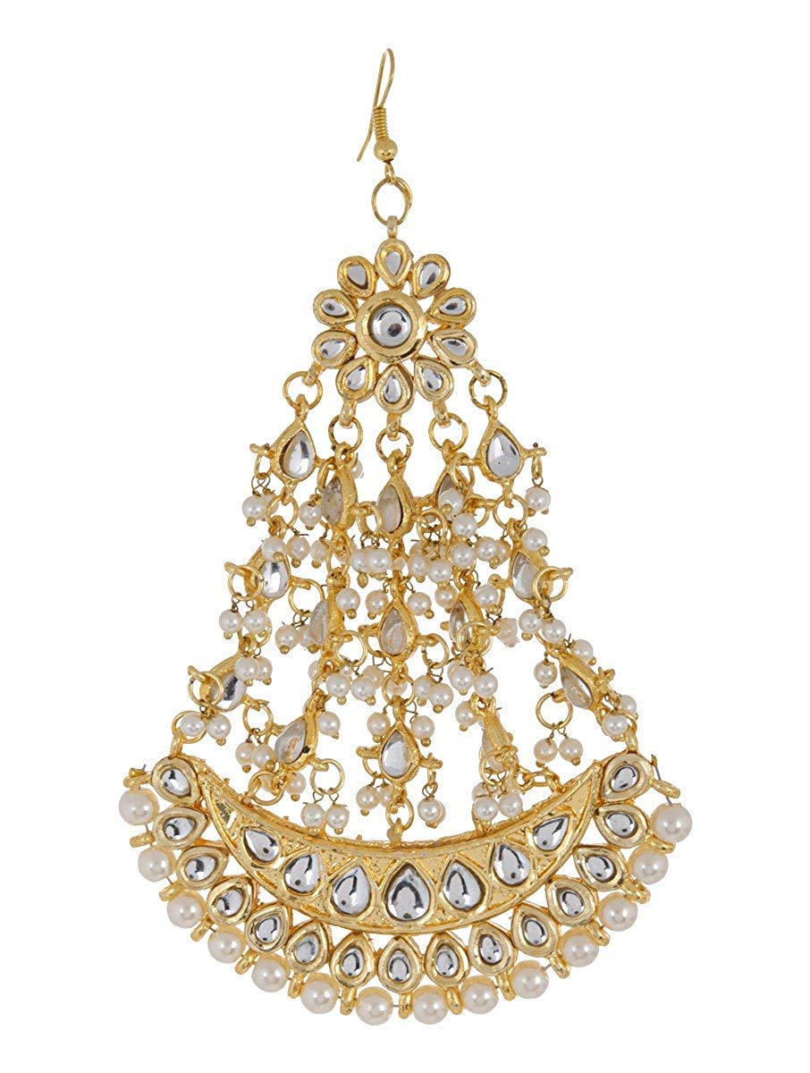 Abhaah Kundan Gold Non-Precious Metal Jhumar Passa/Jhoomar Maang Tikka/Brooch Hair Chain for Women and Girls
