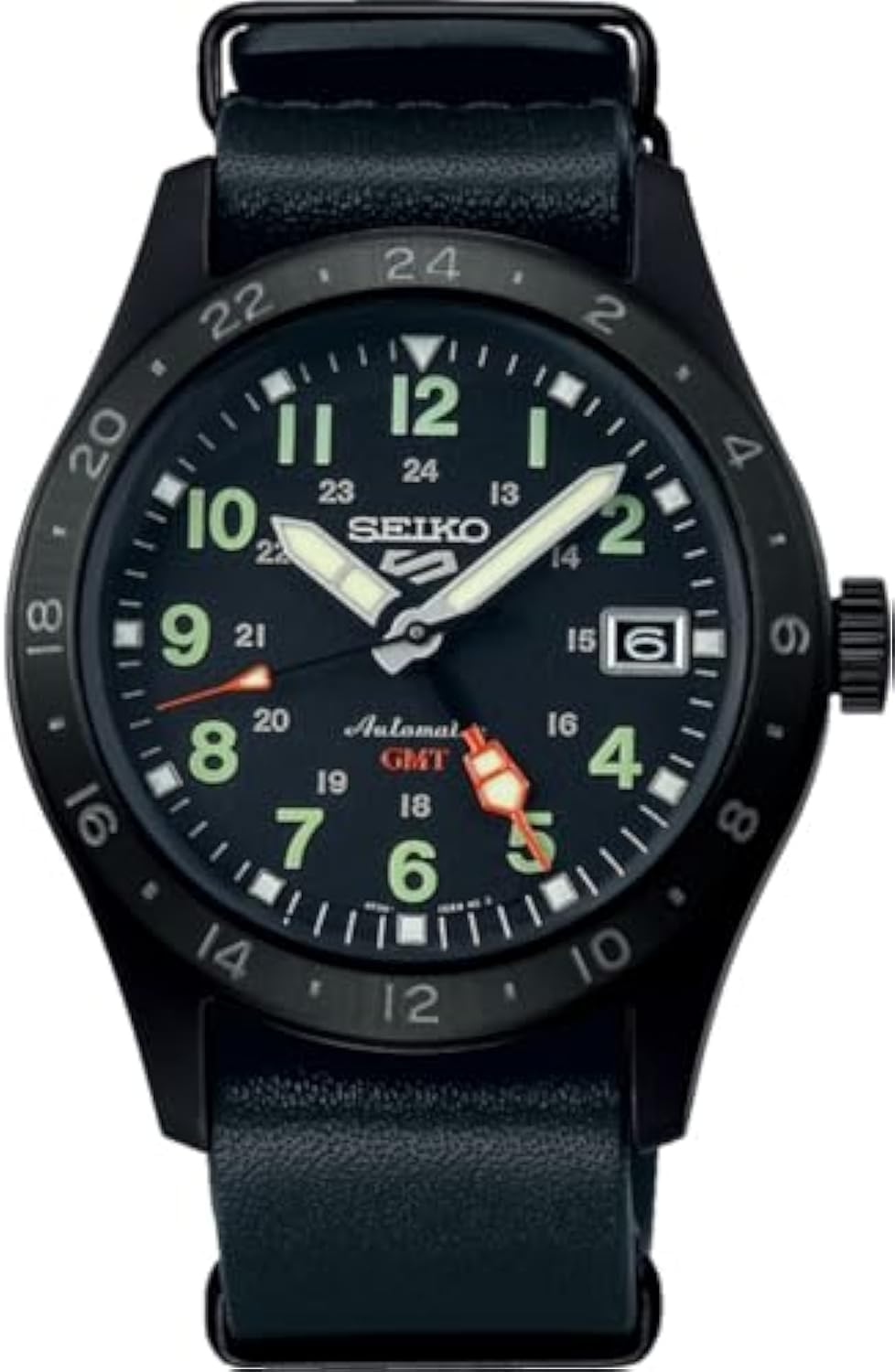 SEIKO Leather Men 5 Sports Field 'Deception' Mechanical GMT Ssk025K1 Analog Watch, Dial Color-Black, Band Color-Black