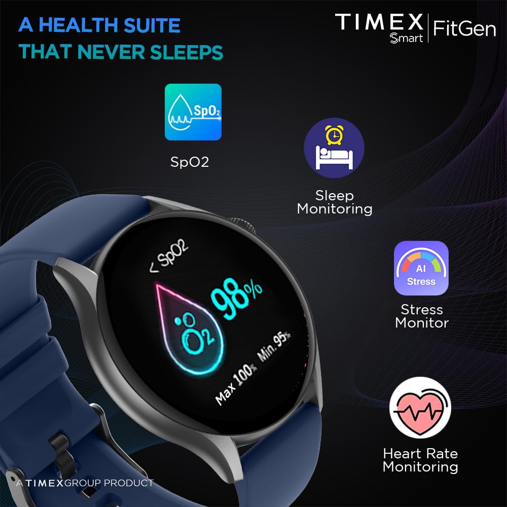 Timex FitGen 1.43" Round AMOLED Smartwatch with 466x466 Pixel Resolution|Single Sync Bluetooth Calling|Rotating Crown| Metallic Body|AI Voice Assist|100+ Sports Modes|Upto 7 Days Battery(Normal Usage)