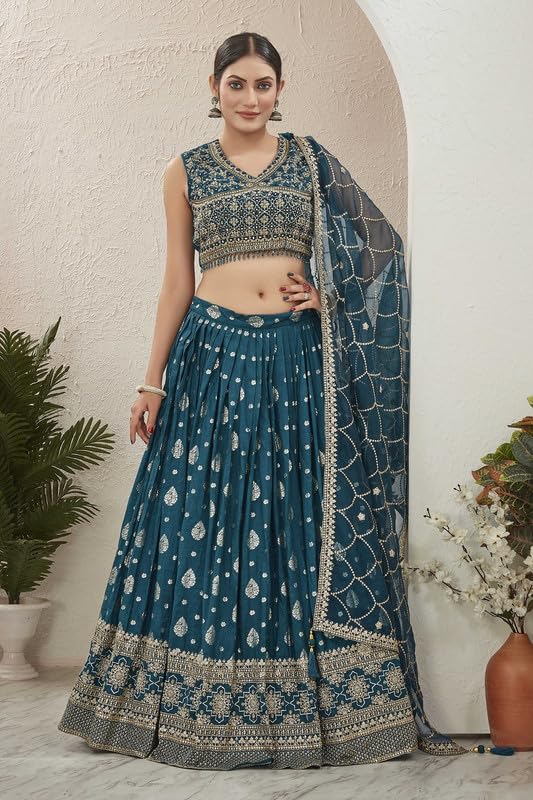 Samprag Jaquard Lehenga Choli Set for Womens | Sleevless | V Neck |Ideal for Wedding & Party Occassions | Blue | M