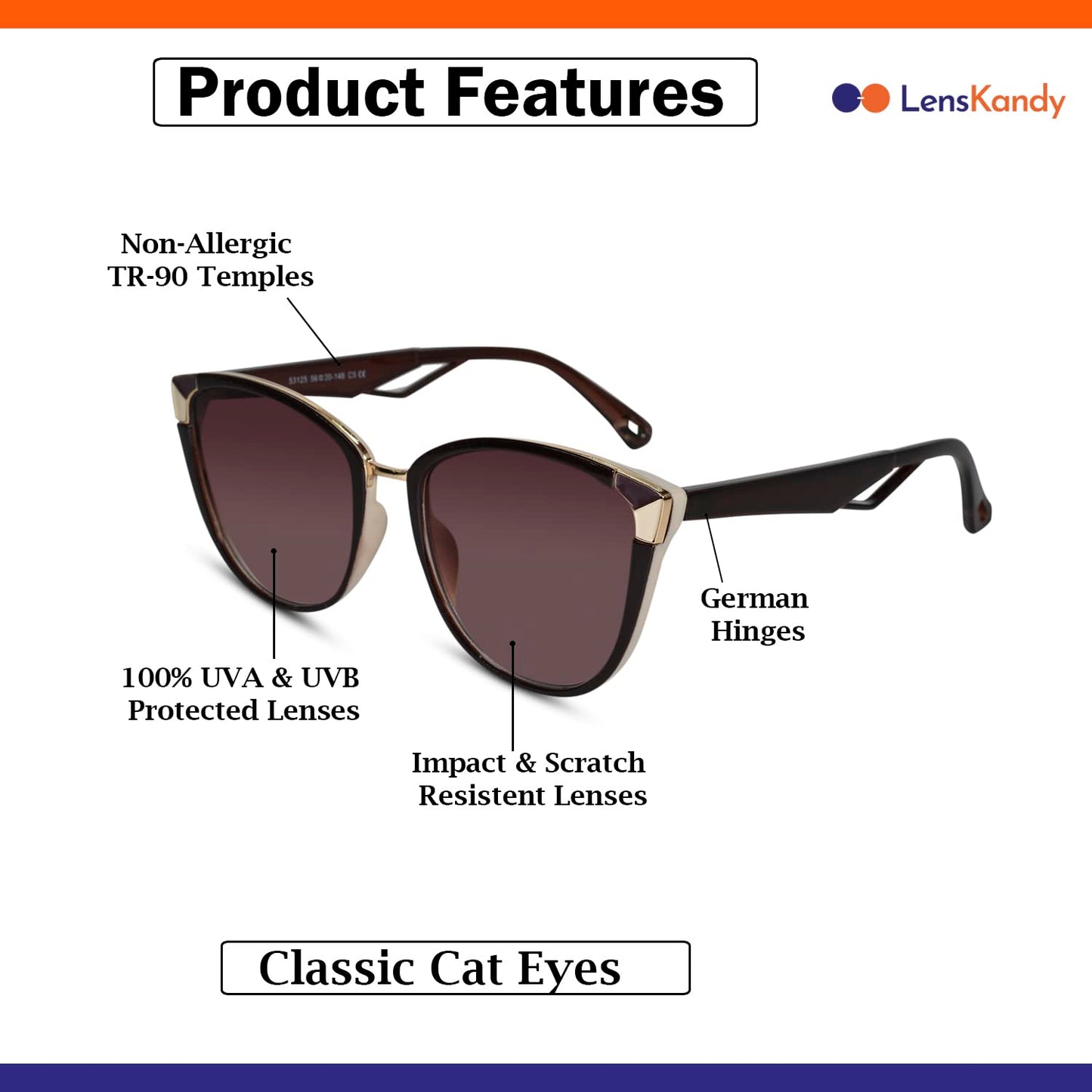 LensKandy Brown Cateye Non-Polarized Cat Eye Sunglasses For Women Uv Protection Designer Stylish Frame, Large