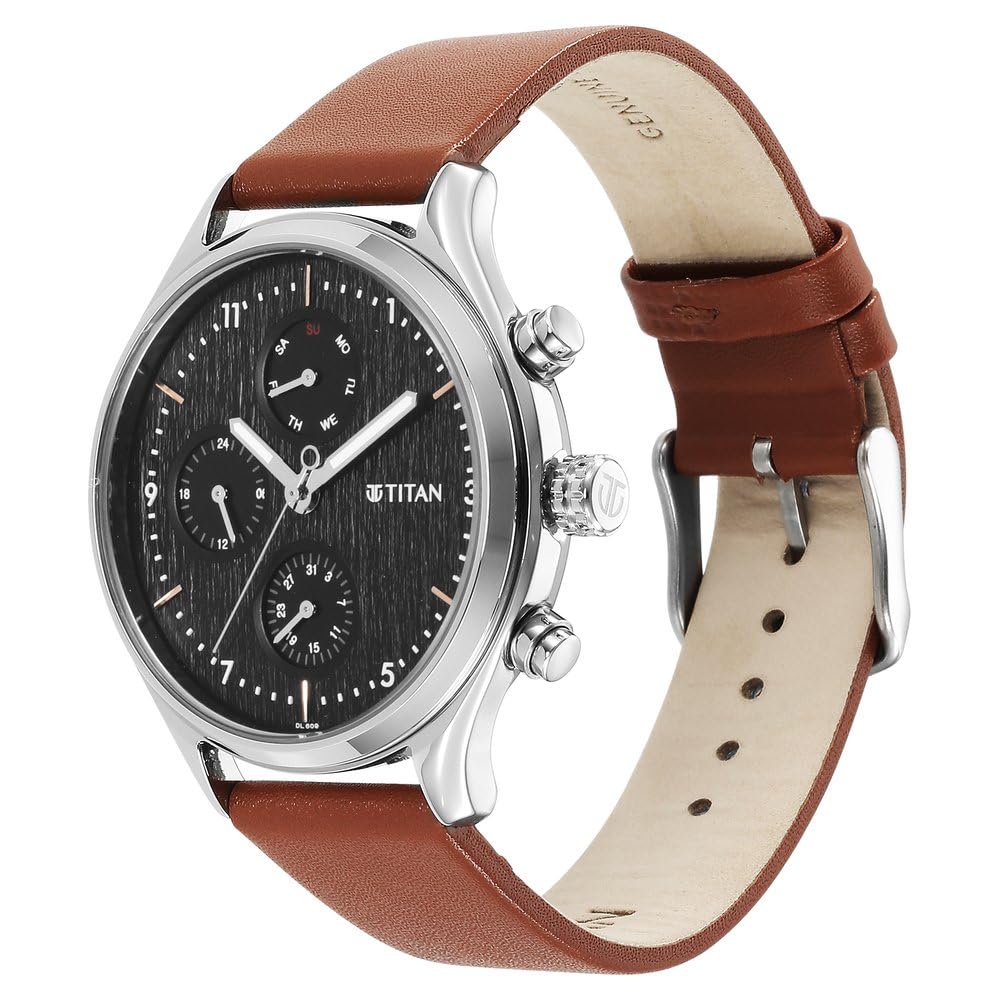 Titan Neo Quartz Multifunction Black Dial Brown Leather Strap Watch for Men - NT1803SL02