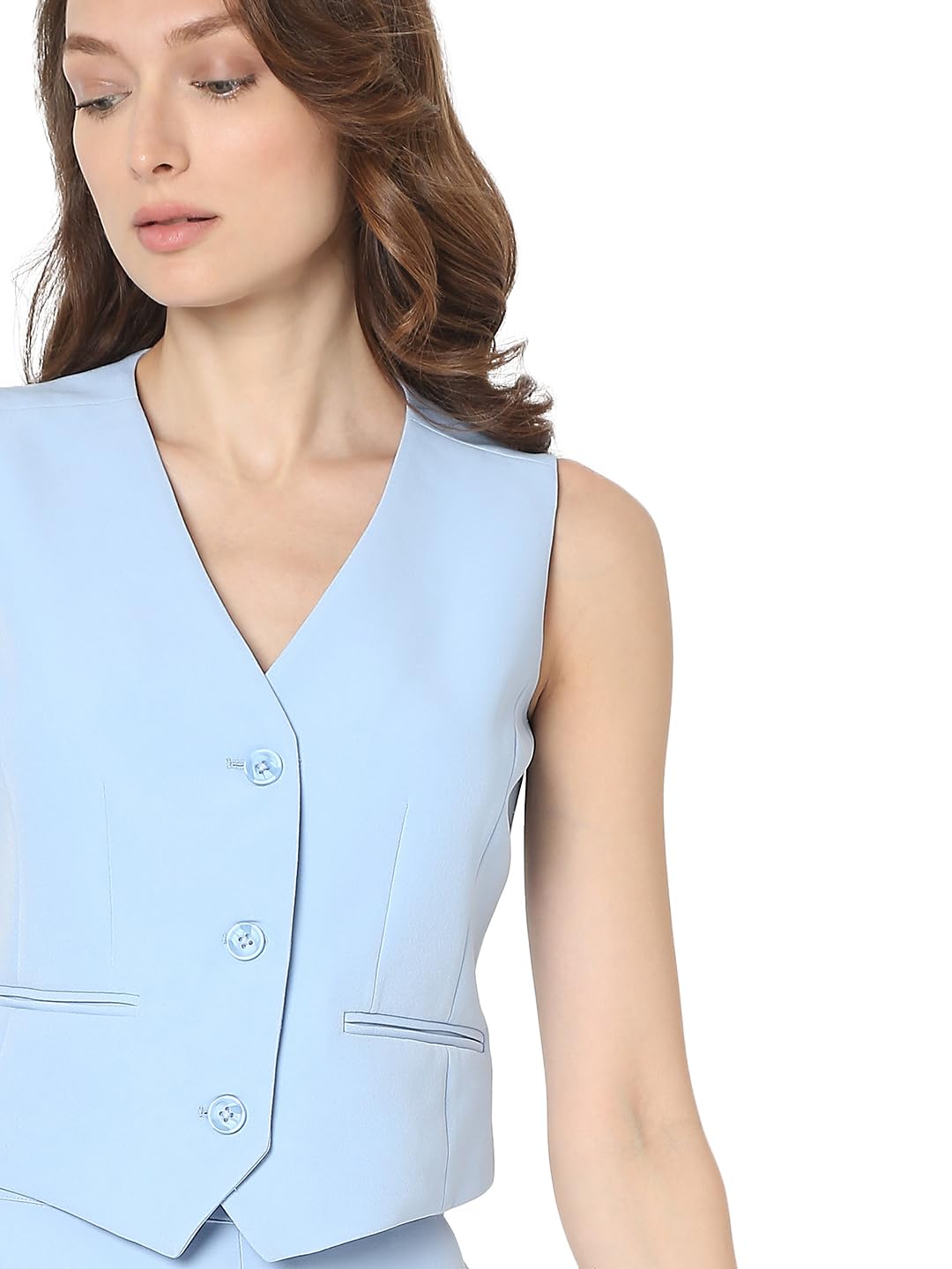VERO MODA Women Solid Blue Polyester Regular Fit Single Breasted Waistcoat