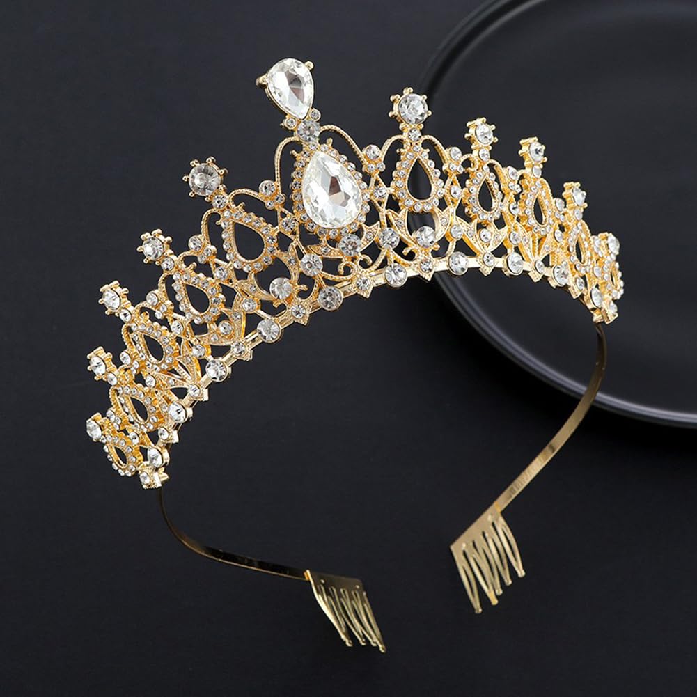 Shining Diva Fashion Crystal Tiara and Crown for Women Stylish Headband Crowns with Comb Tiaras for Girls Kids Queen Princess Wedding Bridal Birthday Gift Hair Accessories (Gold) (rrsd15872hb)