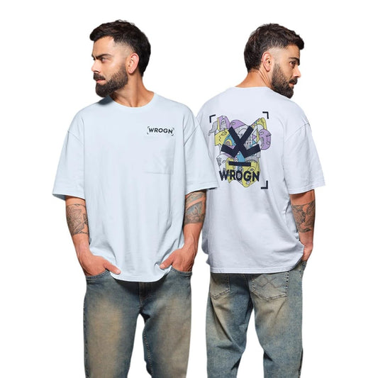 WROGN Men's 220 GSM Pure Cotton Terry T-Shirt | Front & Back Graphic Print | Oversized Fit | Blue | M