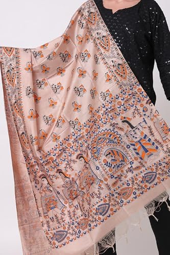 DESI PALETTE Stylish Hand Block Madhubani Printed Tussar Muga Silk Dupatta for Womens & Girls | Lightweight & Comfotable Traditional Dupatta (Golden Blue Orange_2.4 Meters)