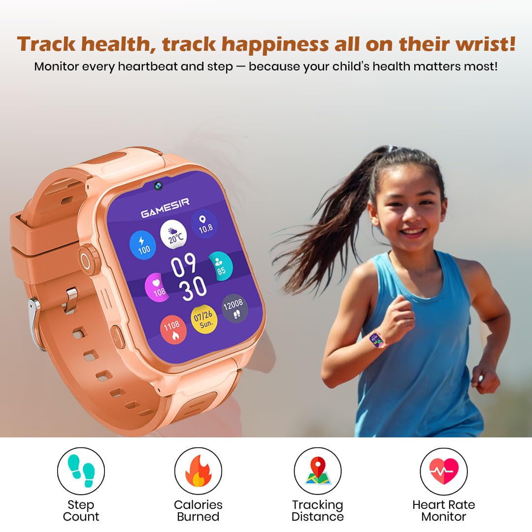 GameSir Safeguard Kids Smart Watch 5G/4G with SIM Calling, 800mAh Battery, GPS Tracker, SOS Alerts, Video Calling, Face Unlock, Voice Chat, Games, IP67 Waterproof (Orange)