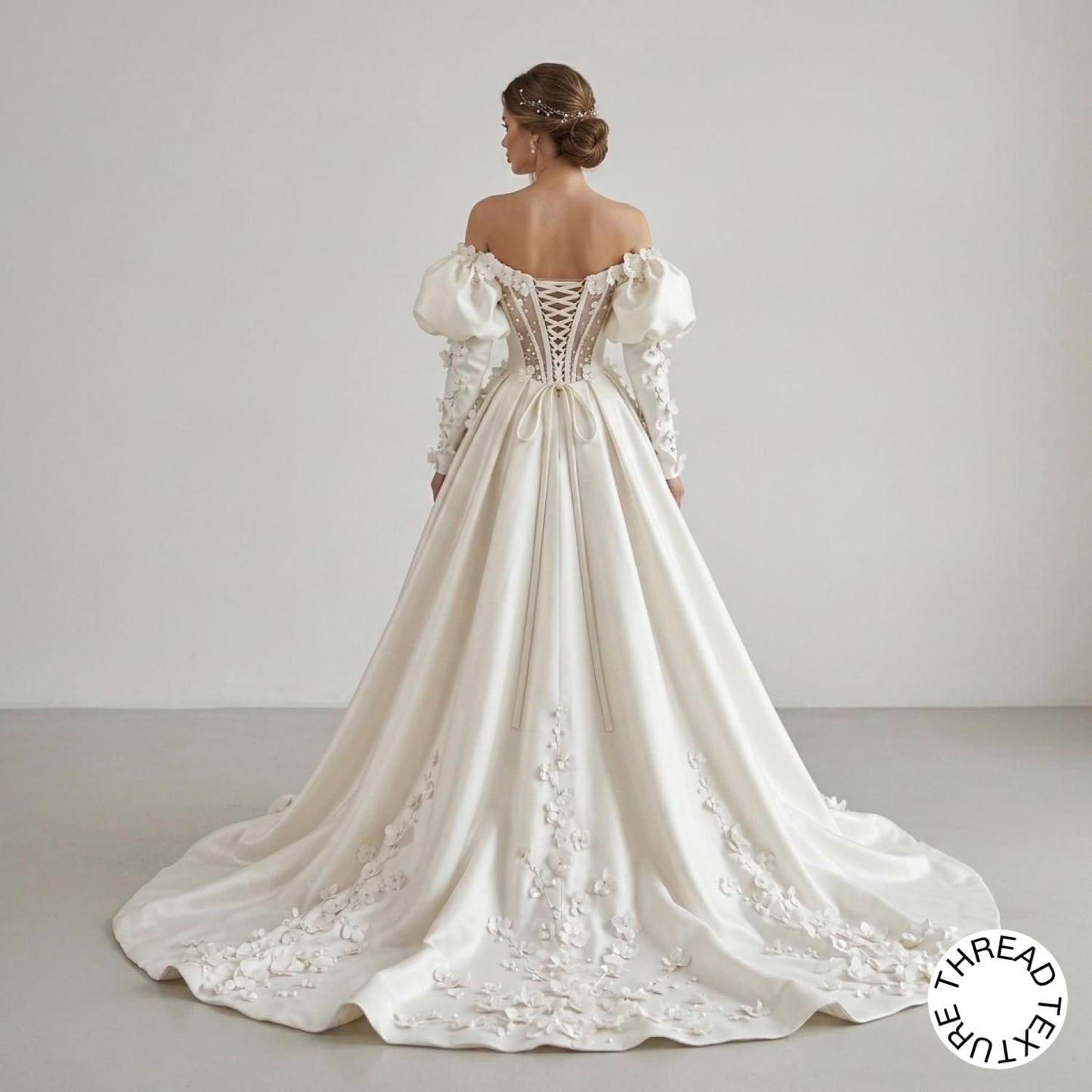 ThreadTexture Women's Off-The-Shoulder 3D Flowers Applique Wedding Slit Ball Gown (in, Alpha, S, Regular, Off White, Designer Shivay)