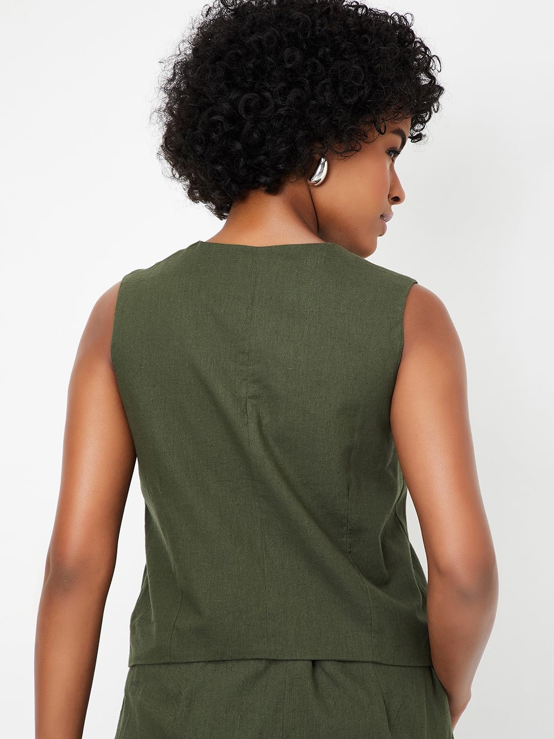 Max Women Solid Waistcoat Style Top_Olive_XS
