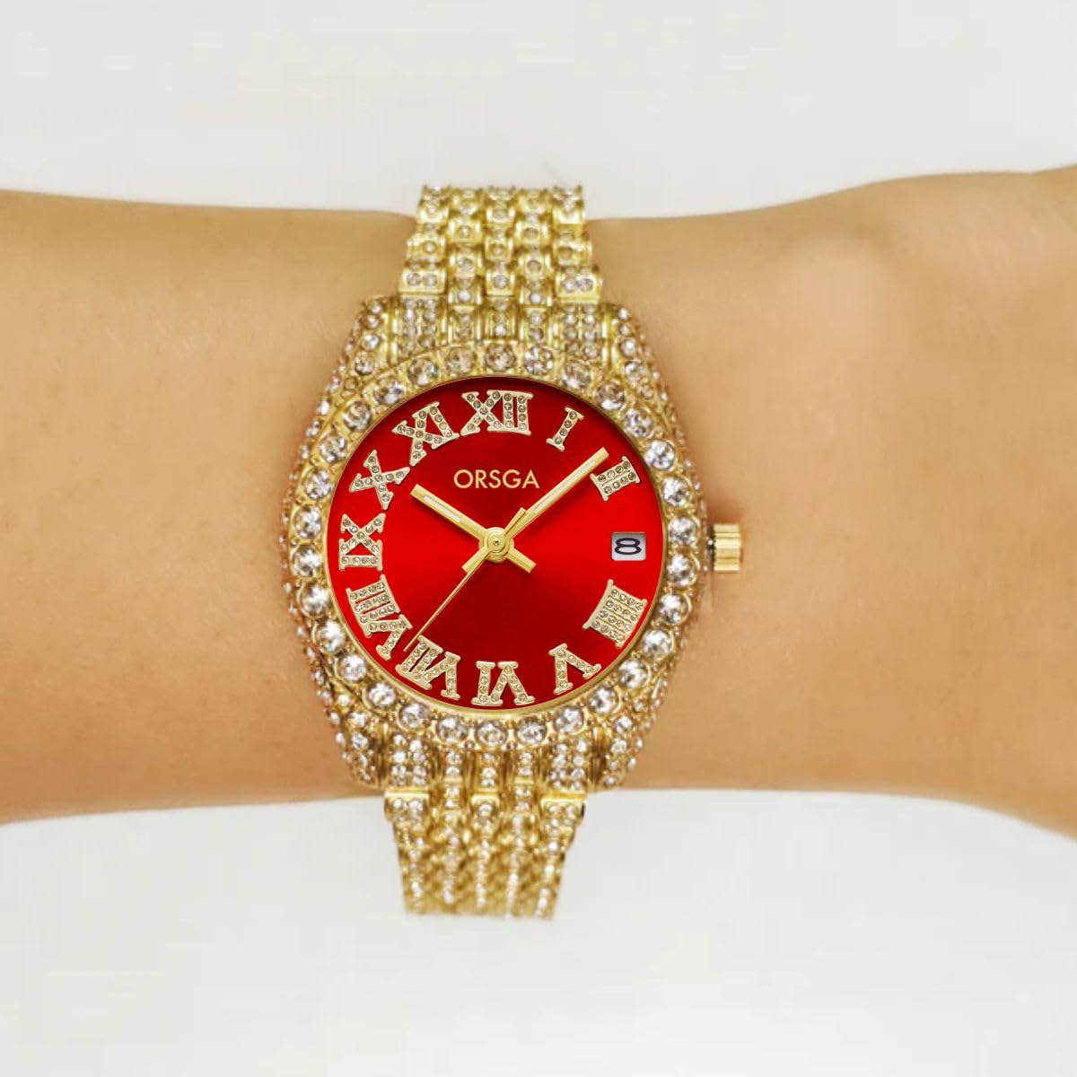 ORSGA Ornate Watch for Women Opal Red Dial Full Diamond Studded Band Gold Watch Gift for Women, Birthday Gift, Aniversary