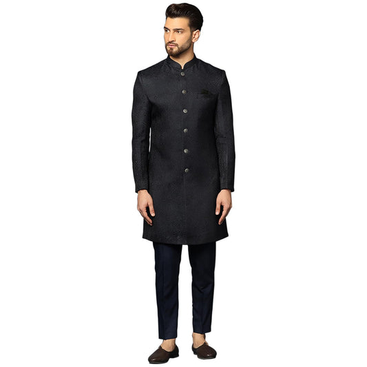 KISAH Men's Navy Blue Sherwani Trousers Set, Cotton Full Sleaves, Knee Length, Straight, Regular Fit, Mandarin Collar Ethnic Wear