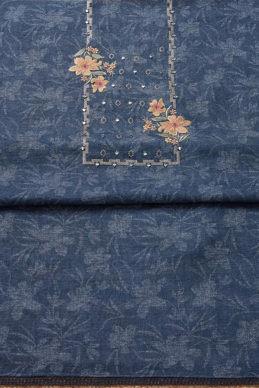Soch Womens Indigo Linen Floral Unstitch Dress Material With Mirror Work