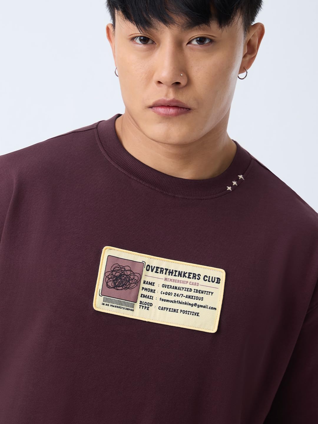 The Souled Store Overthinker's Club Men and Boys Short Sleeves Round Neck Burgundy Embellished Casual Drop Shoulder Streetwear Cotton Oversized T-Shirts