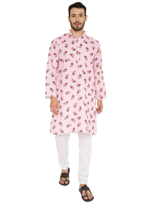 LUCKWIN Linen Regular Fit, Mandarin Collar, Floral Print Kurta Pajama Set in Pink for Men [LWKP162-42-2023]