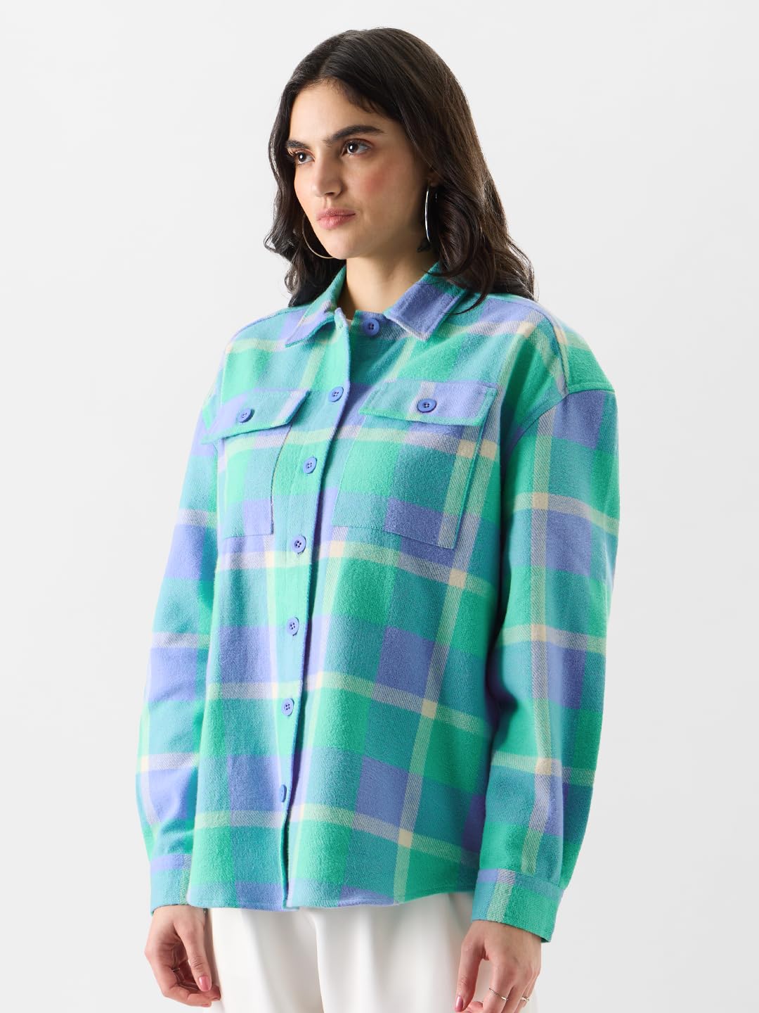 The Souled Store Plaid: Grapemist And White Women Shackets Shackets Casual Plaid Oversized Quilted Winter Flannel Sherpa-Lined Stylish Fashion Trendy Classic Checkered Cozy Button-Up Utility