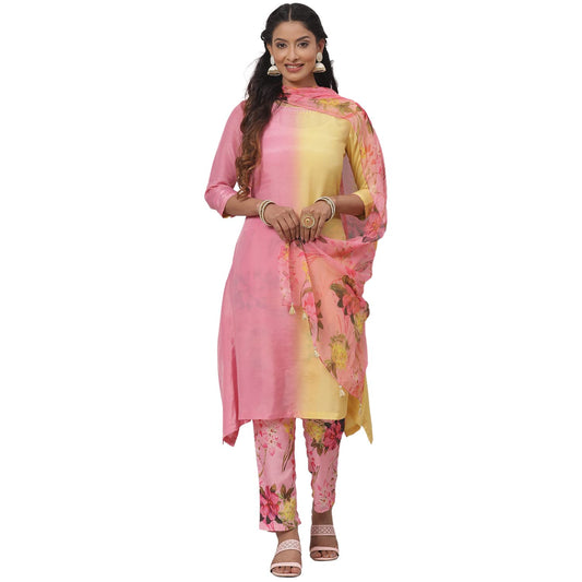 BIBA WOMEN PRINTED NARROW SALWAR KURTA DUPATTA(SKDCANDY KU7888_YELLOW-PINK_32)