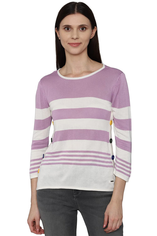 Allen Solly Women's Striped Fitted T-Shirt (AHFTCRGFS58982_Purple L)