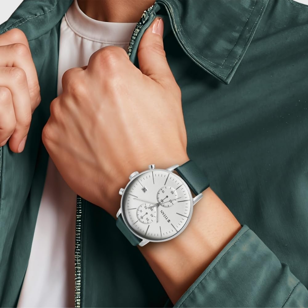 Titan Infinity Display Quartz Chronograph with Date Silver Dial Dark Teal Green Leather Strap Watch for Men - NT90146SL01