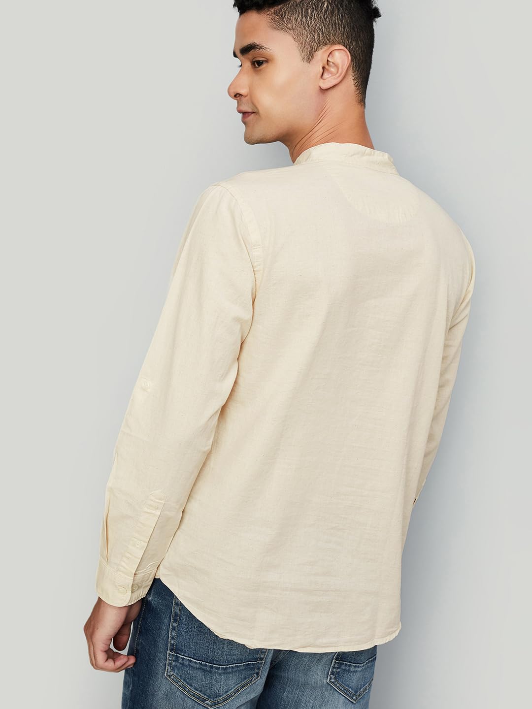 Max Men's Full Sleeves Mandarin Collar Solid Slim Fit Cotton Kurta Beige
