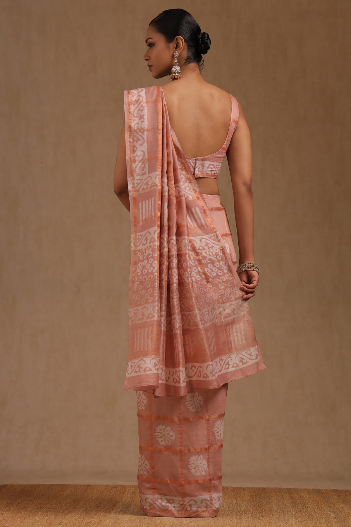 Soch Womens Peach Viscose Block Print Saree Zari