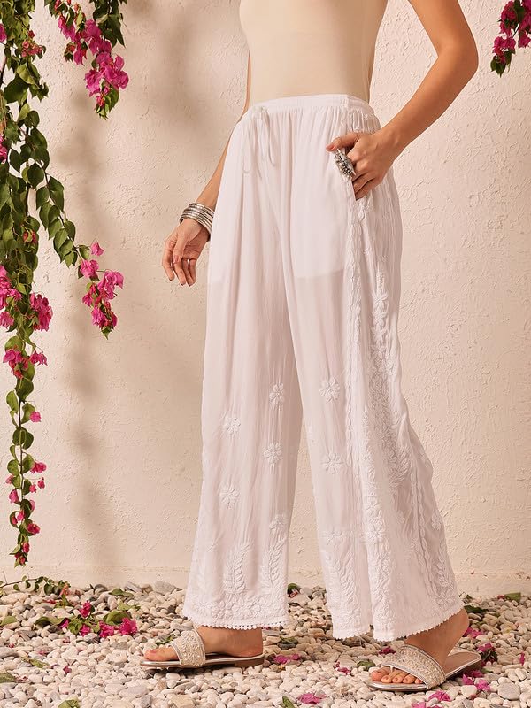 Ada Lucknowi Chikankari Hand Embroidered Modal Flared Palazzo for Women A711198