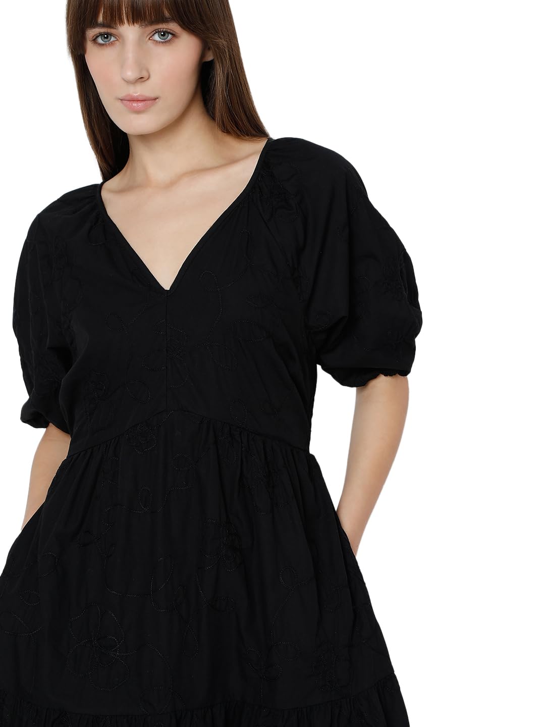 Vero Moda Women's Cotton Blend Fit and Flare Knee-Length Dress (9010103-Jet Black_Jet