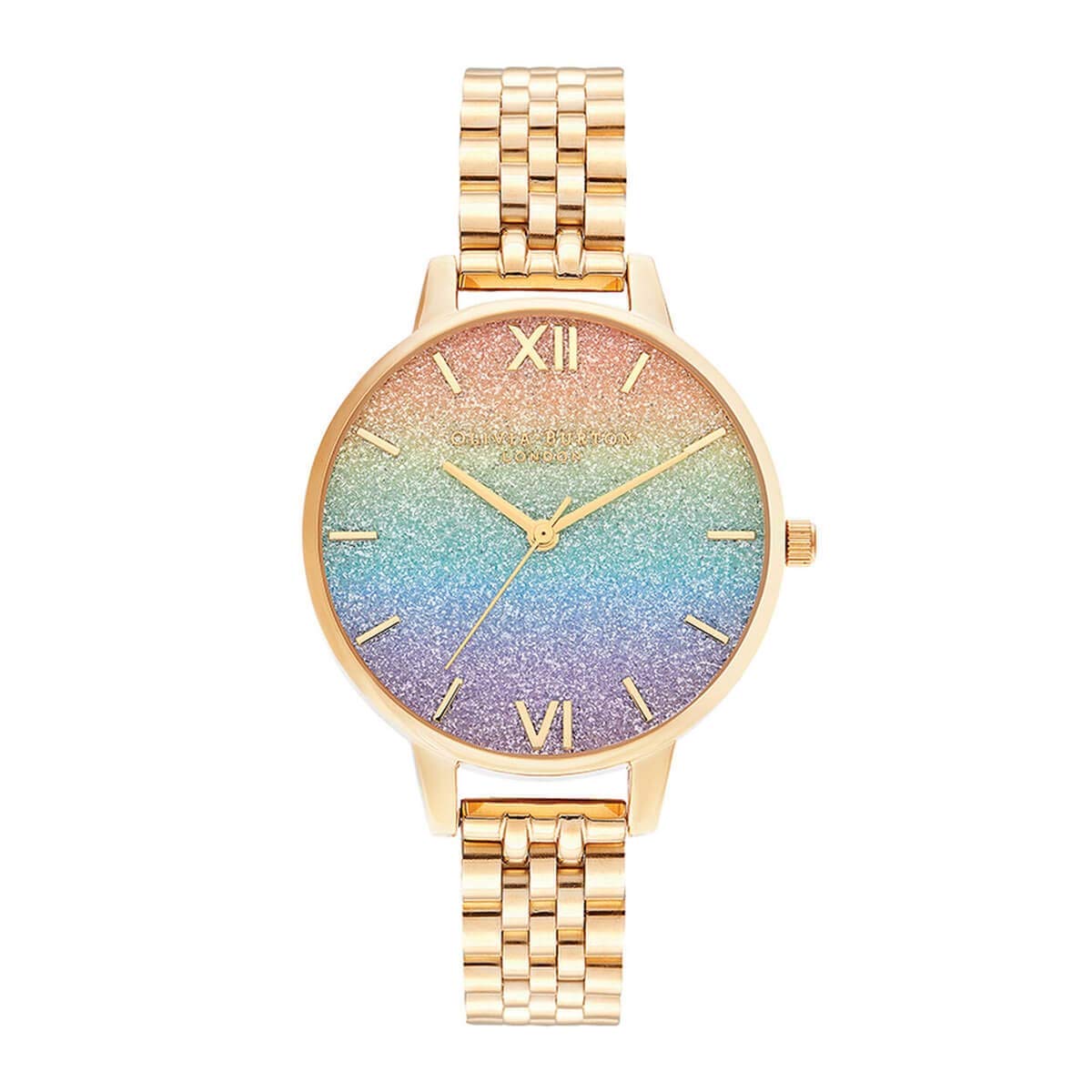 Olivia Burton Rainbow Qtz Basic Rainbow Glitter Round Dial Women's Analog Watch|Ionic Plated Gold Steel Material|Gold Color Band - OB16RB23
