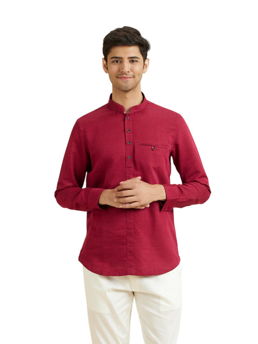 Manyavar Men's Cotton Bandhgala Collar Short Kurta(Maroon,XXL)
