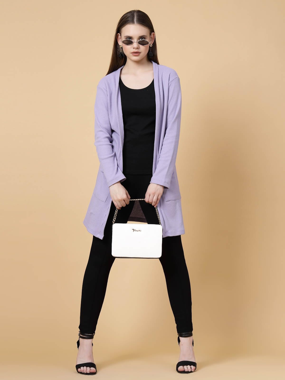 Rigo Cotton Front Open Shrug for Women | Stylish, Slim Fit, Long | Casual Wear, Solid Full Sleeves With Pockets (Light Purple, Free Size)