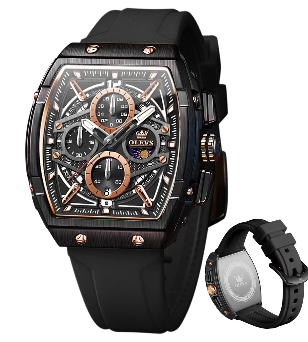 OLEVS Men Watches Business Dress Chronograph Big Square Quartz Analog Male Watch Silicone Strap Waterproof Date Gift Mens Wrist Watch
