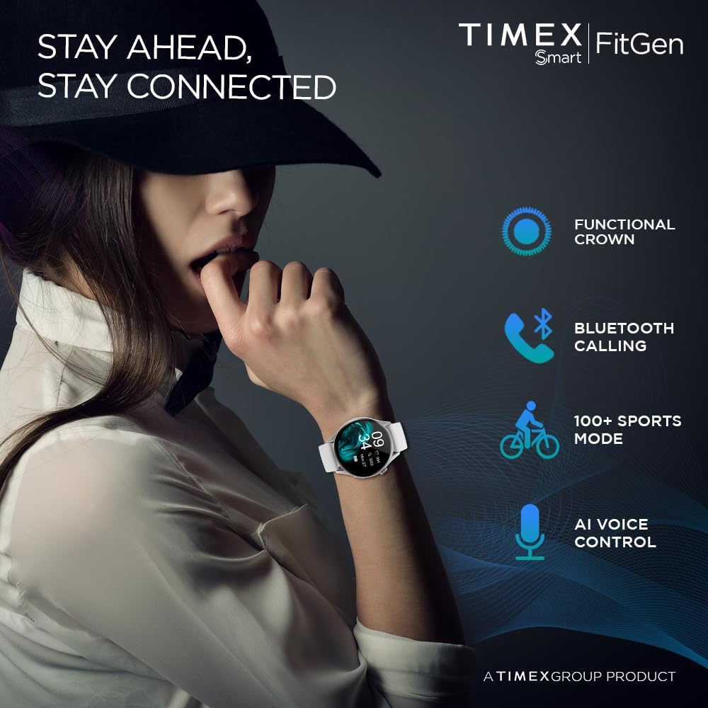 Timex FitGen 1.43" Round AMOLED Smartwatch with 466x466 Pixel Resolution|Single Sync Bluetooth Calling|Rotating Crown| Metallic Body|AI Voice Assist|100+ Sports Modes|Upto 7 Days Battery(Normal Usage)