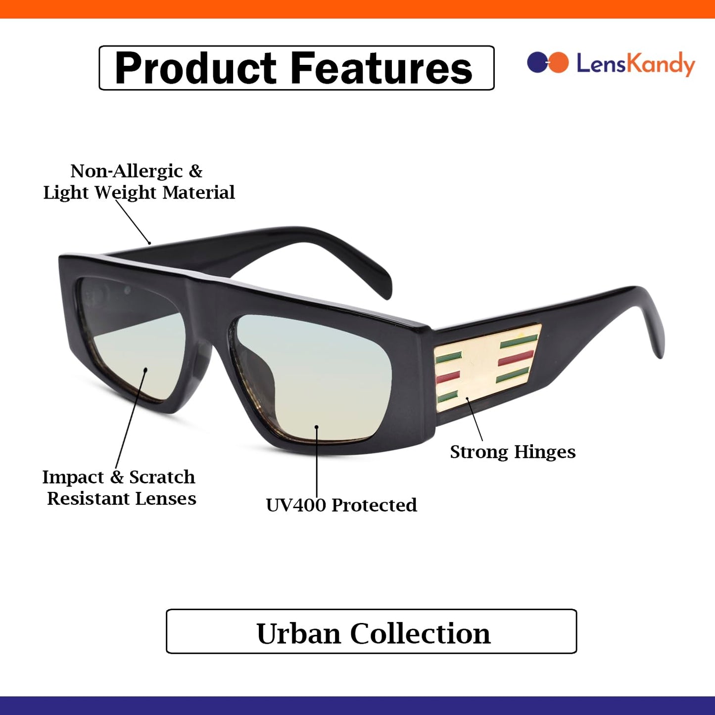 LensKandy Thick Oversized Rectangular Sunglasses for Men & Women UV Protection | 474-Black