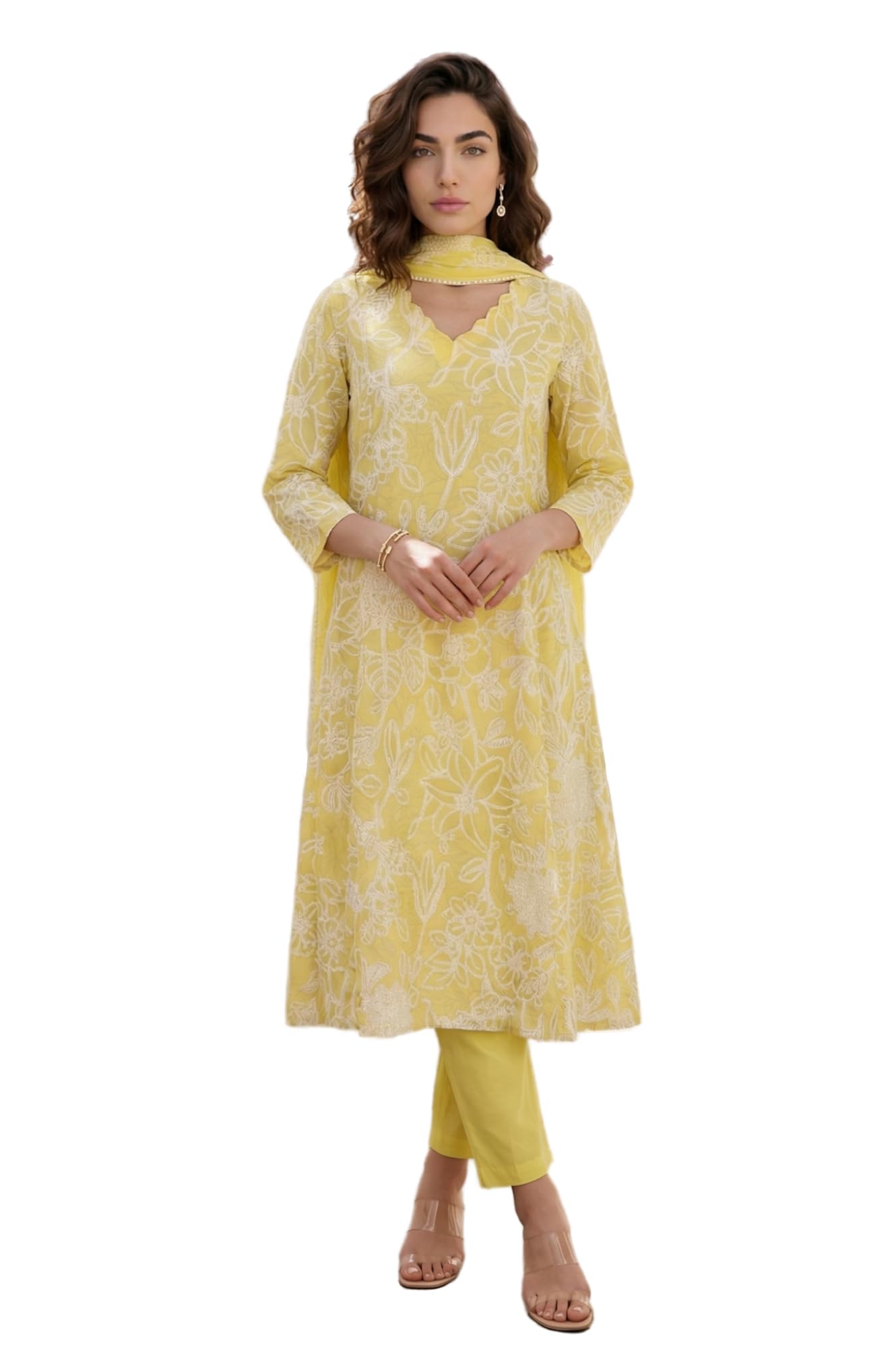W for Woman Yellow Floral Printed Chanderi A-line Kurta with Pants and Dupatta Set - (WS12702-127279-S)