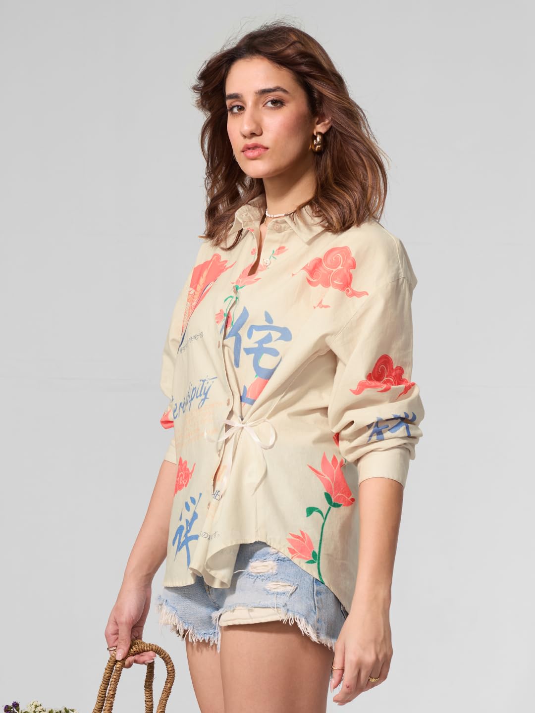 The Souled Store Cotton Linen Shirt: Unbound Women and Girls Long Sleeves Collared Neck Button Front Beige All Over Printed Cotton Linen Boyfriend Shirts