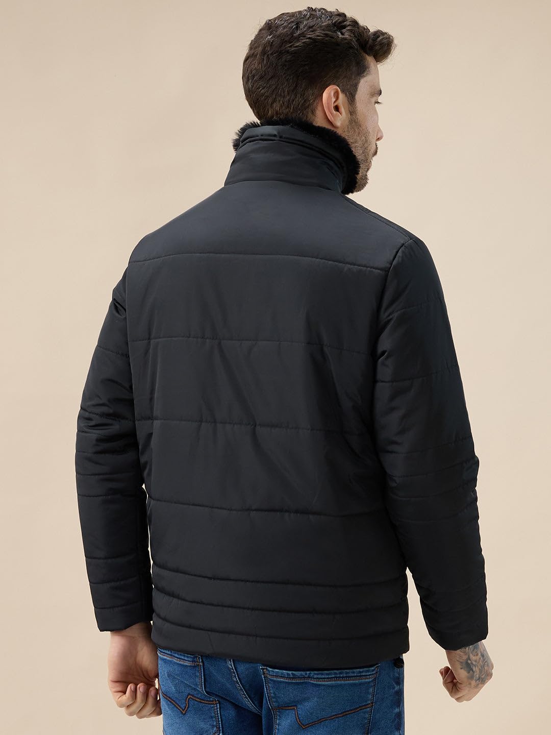 Status Quo Men's Solid Quilted Jacket Faux Fur High Neck Full Sleeves