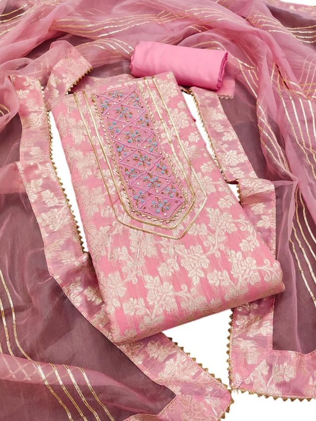 VARNI FABRICS Jacquard with Handwork Dress Material for Women Floral Unstitched Woman Salwar Suit Dress Material With Organza Dupatta Pink