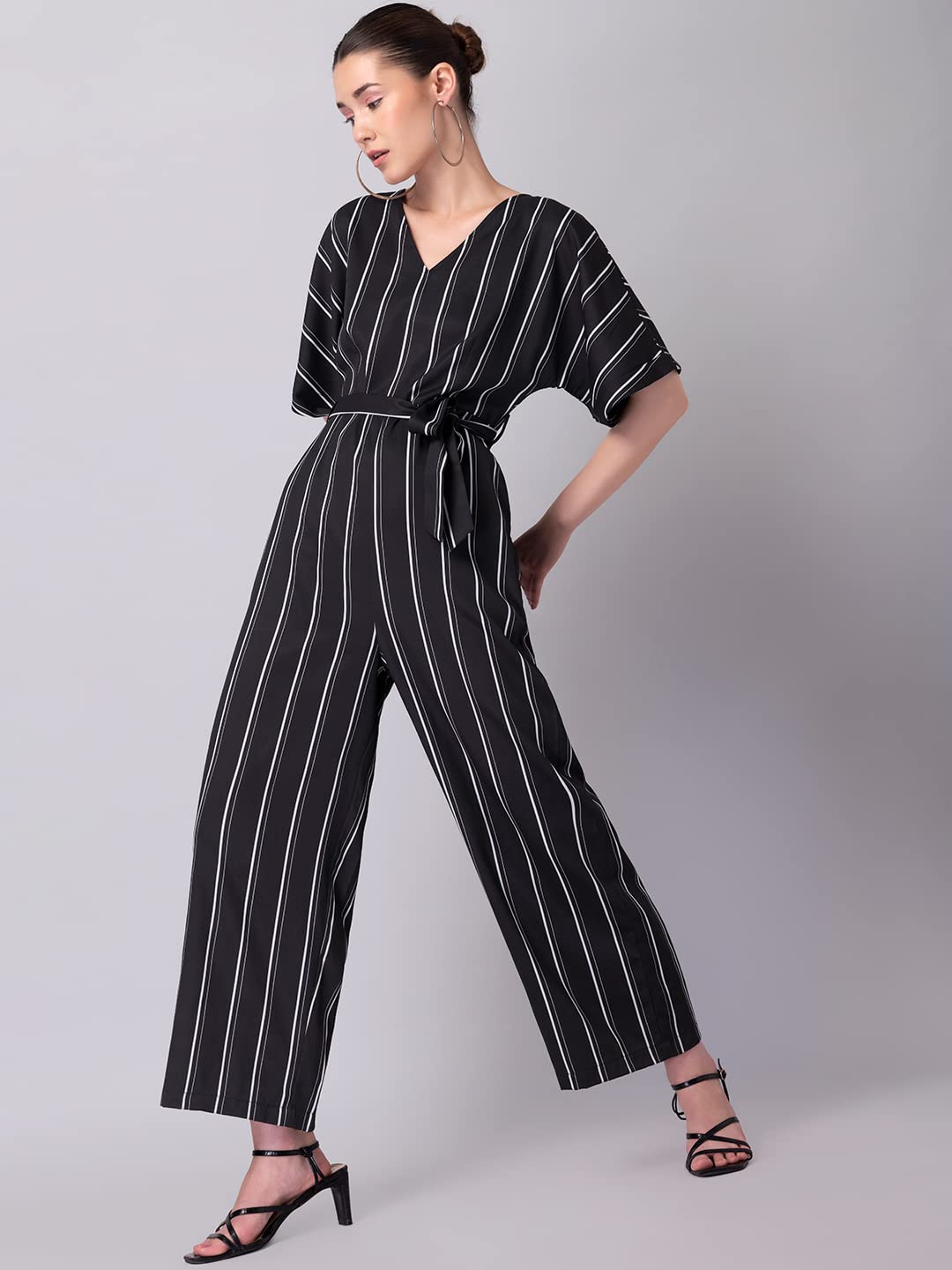 FabAlley Black Striped Belted Jumpsuit