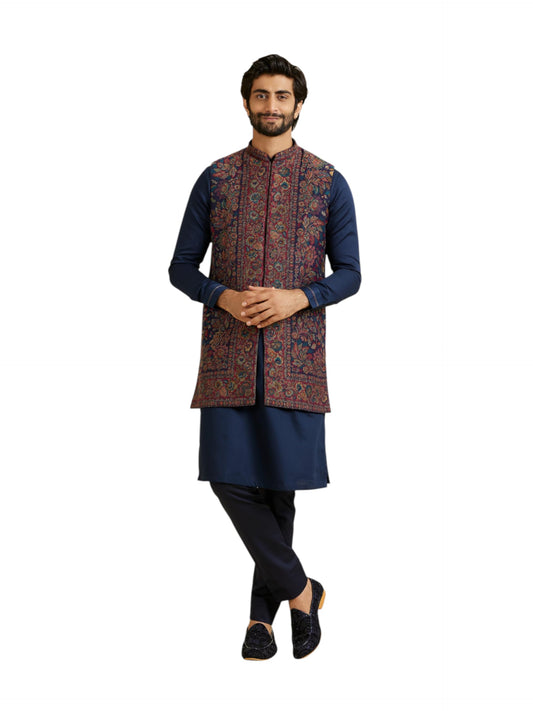Manyavar Men's Wool Blend Floral Weave Kurta Jacket Set (Dark Blue,L)