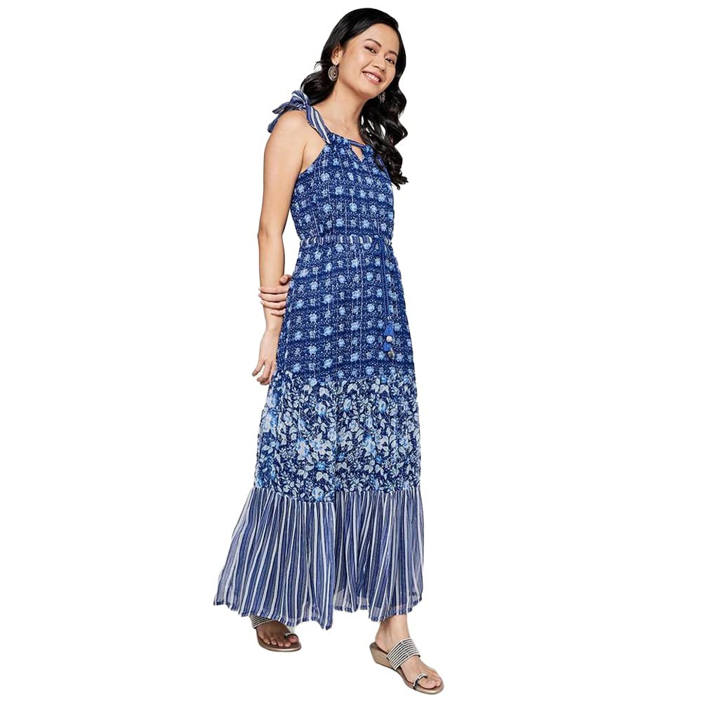 Global Desi Women's Polyester Fit and Flare Long Length Dress (FW22GA793MXLRX_Indigo_XS)