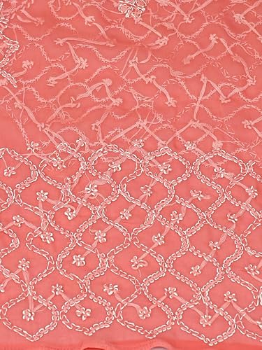 Ada Hand Embroidered Chikankari Georgette Dress Material for Women Peach