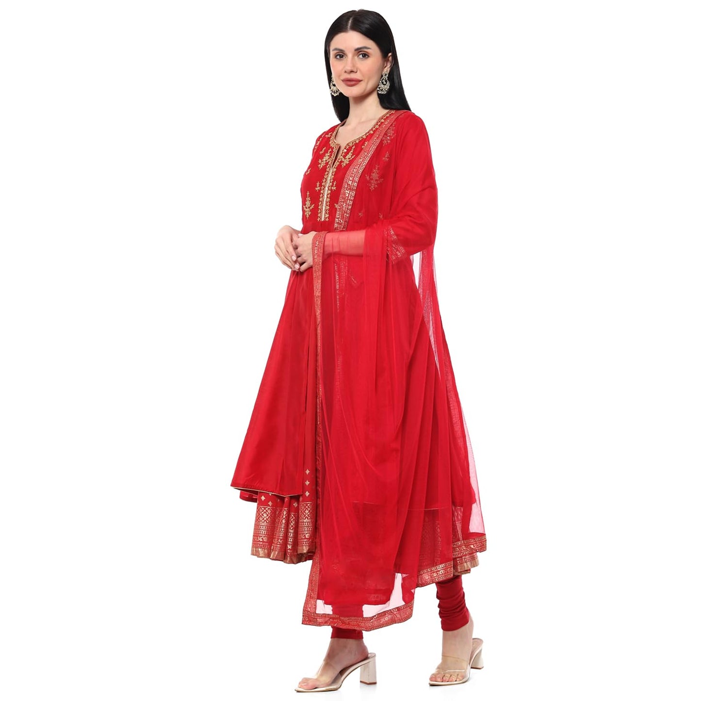 BIBA WOMEN EMBROIDERY FITTED SALWAR KURTA DUPATTA(SKD7458E_RED_36)