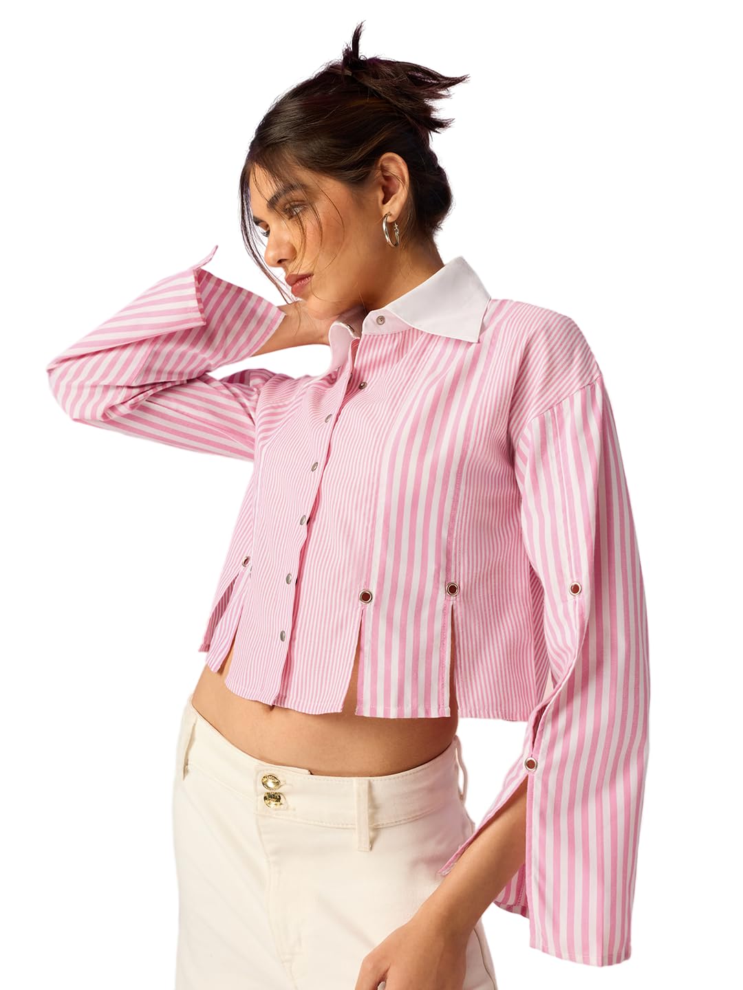 The Souled Store Stripe Shirt: Pink Play Women and Girls Full Length Sleeves Spread Collar Pink and White Geometric Striped Cotton Oversized Fit Eyelet Slit Hem Lightweight Everyday Shirt