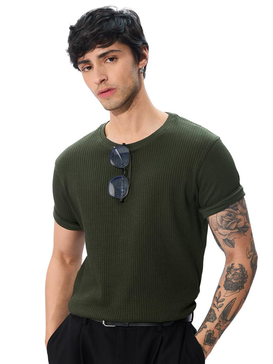 The Souled Store Official Korean T-Shirt: Olive Men and Boys Short Sleeves Round Neck Purple Graphic Printed Regular Fit Cotton T-Shirts