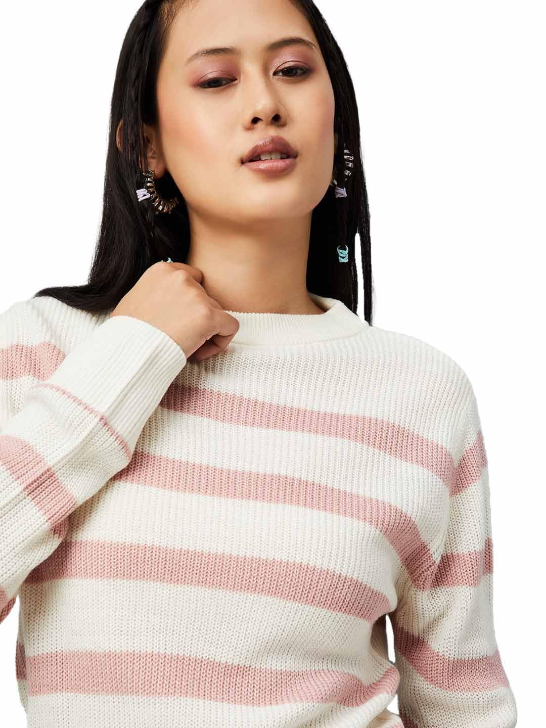 Max Women Striped Sweater (Off White_L)